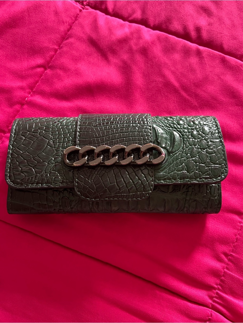 Croc-Embossed Chain Accent Wallet Clutch in Dark Green
